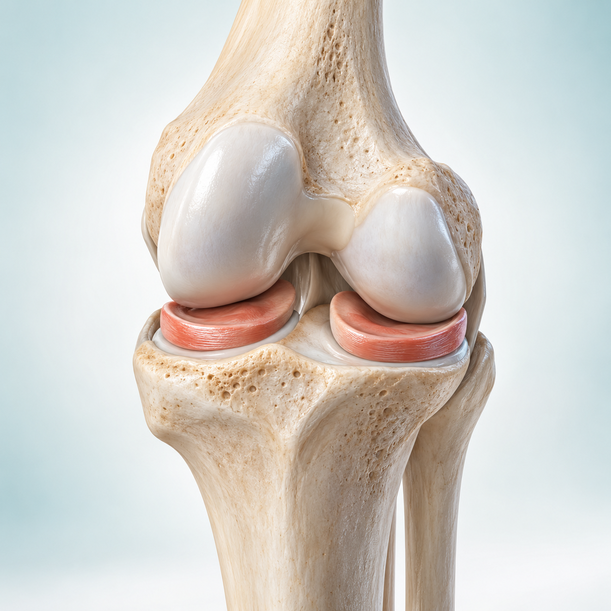 Render médico tridimensional de los meniscos de una rodilla sana