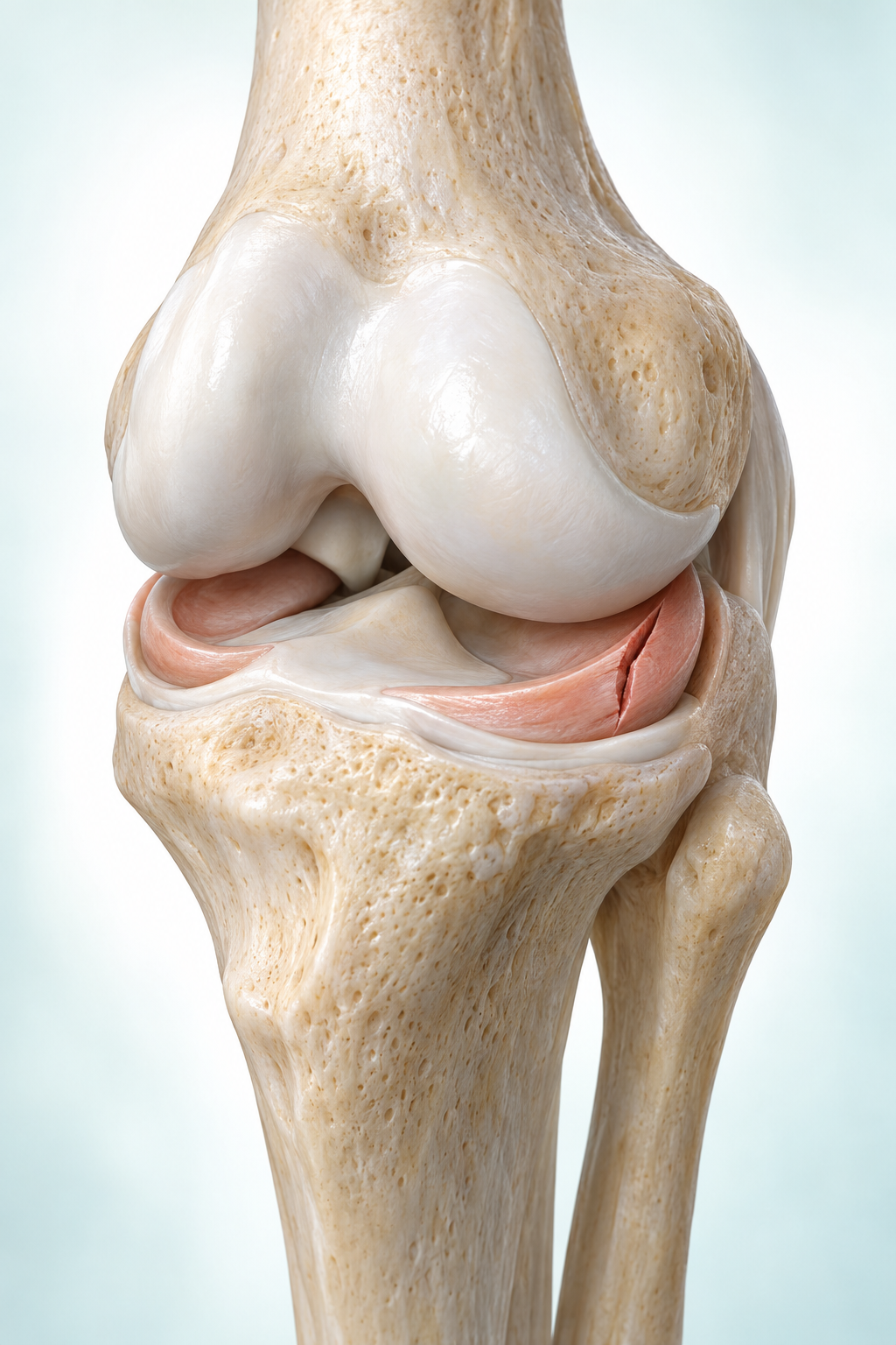 Render médico tridimensional de una ruptura representativa de menisco en la rodilla