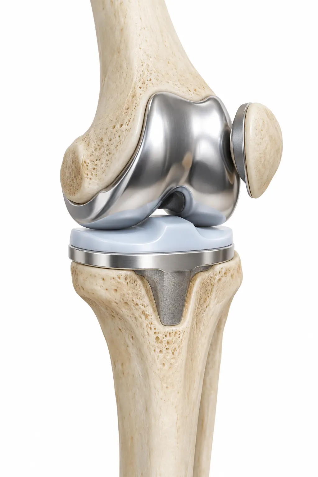Ilustración anatómica educativa de una prótesis total de rodilla