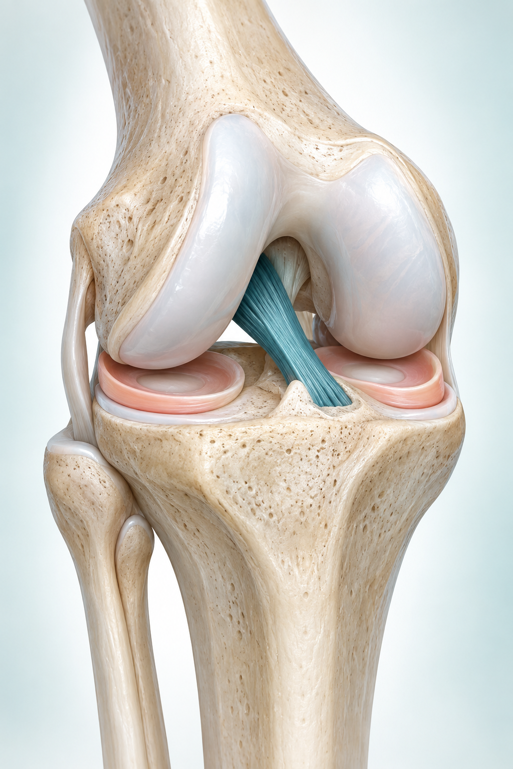 Render médico tridimensional del ligamento cruzado anterior dentro de la rodilla