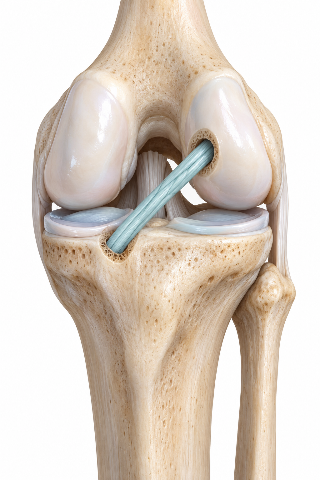 Render médico tridimensional de una reconstrucción de ligamento cruzado anterior con injerto